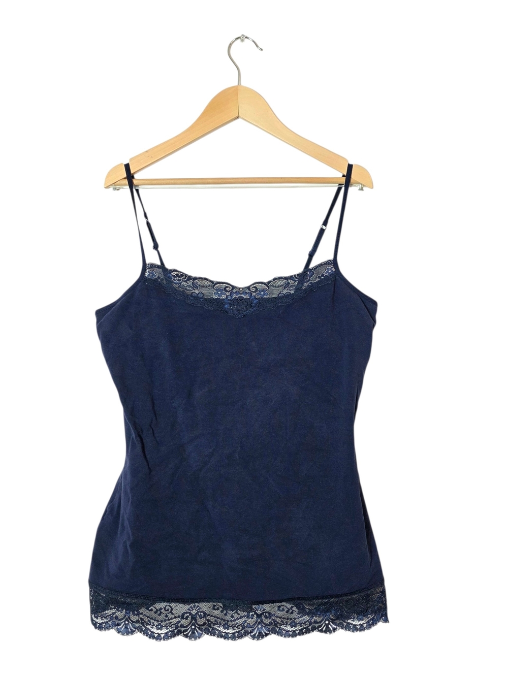 Vintage Express Lace Trim Cami Top L Navy Blue Y2K Babydoll Preppy Built In Bra